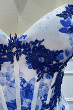 Vibrant A-Line Sweetheart Neck Sleeveless Floral Blue & White Maxi Prom Dress for Women Ready to Ship
