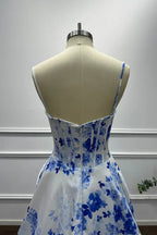 Vibrant A-Line Sweetheart Neck Sleeveless Floral Blue & White Maxi Prom Dress for Women Ready to Ship