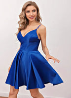 Blue Vibrant A-Line V Neck Spaghetti Plain Royal Short Homecoming Dress