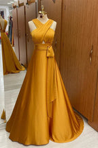 Vibrant A-line V-neck Sleeveless Cutout Mustard Yellow Floor-length Prom Dress for Women Ready to Ship