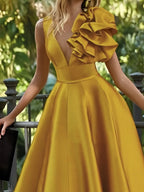 Vibrant A-line V-Neck Sleeveless Ruffled Mustard Yellow Floor-Length Prom Dress For Women