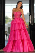 Vibrant Ball Gown Strapless Corset Tiered Hot Pink Floor Length Prom Dress For Women Hot Sale