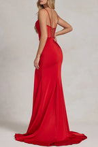 Red Vibrant Mermaid Spaghetti-Strap Corset Floor-Length Prom Dress With Slit
