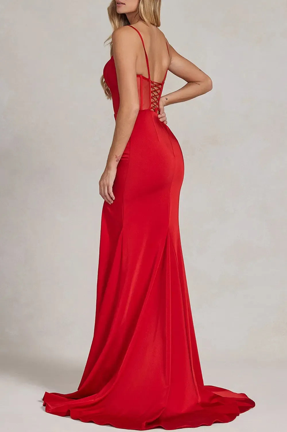 Red Vibrant Mermaid Spaghetti-Strap Corset Floor-Length Prom Dress With Slit