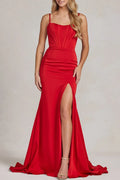 Red Vibrant Mermaid Spaghetti-Strap Corset Floor-Length Prom Dress With Slit