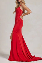 Red Vibrant Mermaid Spaghetti-Strap Corset Floor-Length Prom Dress With Slit