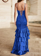 Blue Vibrant Mermaid Spaghetti-Strap Corset Tiered Ruffle Royal Floor-Length Prom Dress