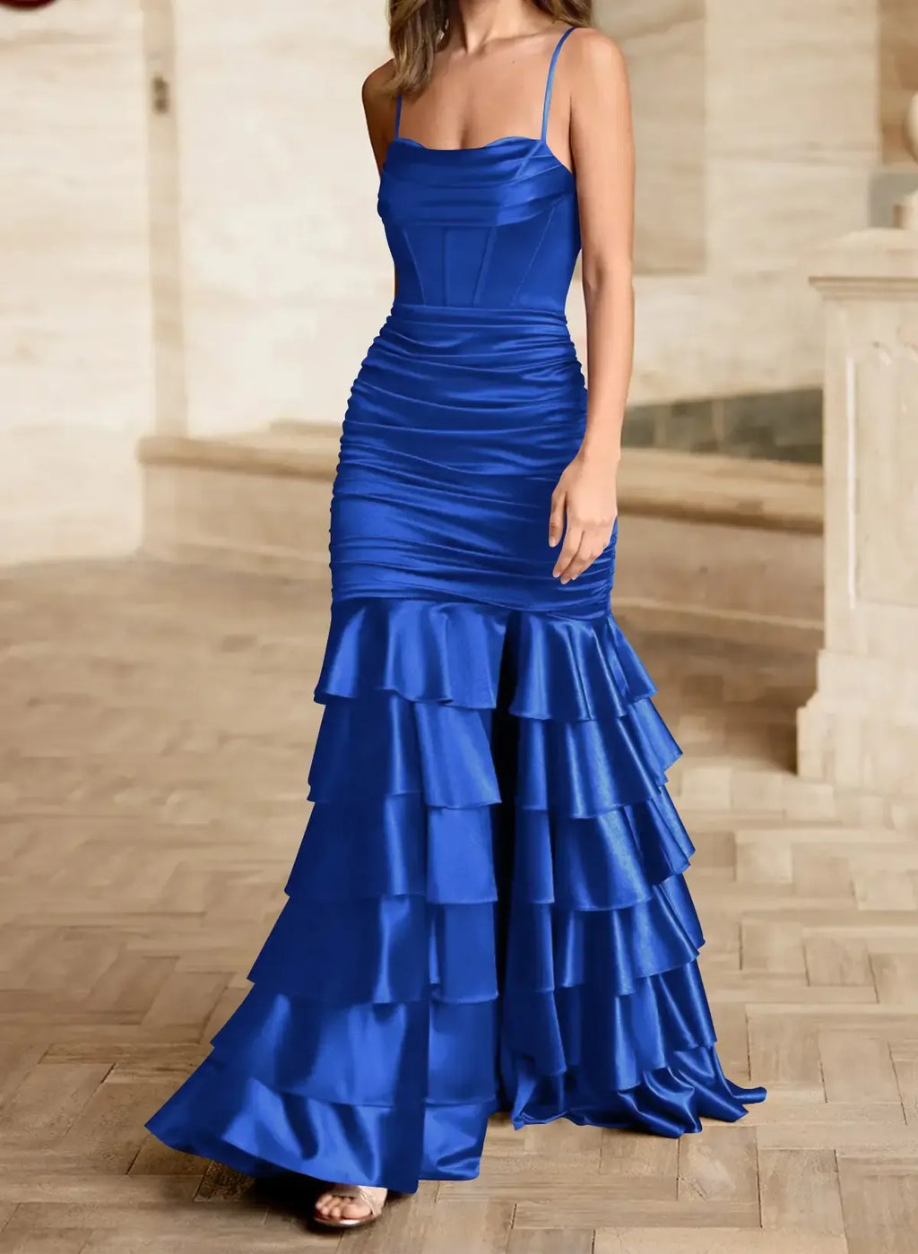 Blue Vibrant Mermaid Spaghetti-Strap Corset Tiered Ruffle Royal Floor-Length Prom Dress
