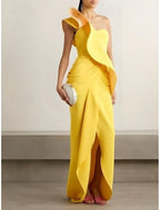 Vibrant Sheath One-Shoulder Ruffled Yellow Floor-Length Evening Dress For Women Ready To Ship