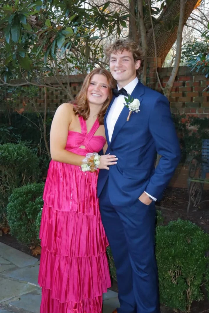 Fuchsia Halter-Neck Cutout Tiered Floor-Length Prom Dress
