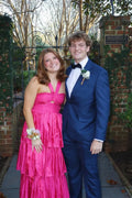 Fuchsia Halter-Neck Cutout Tiered Floor-Length Prom Dress