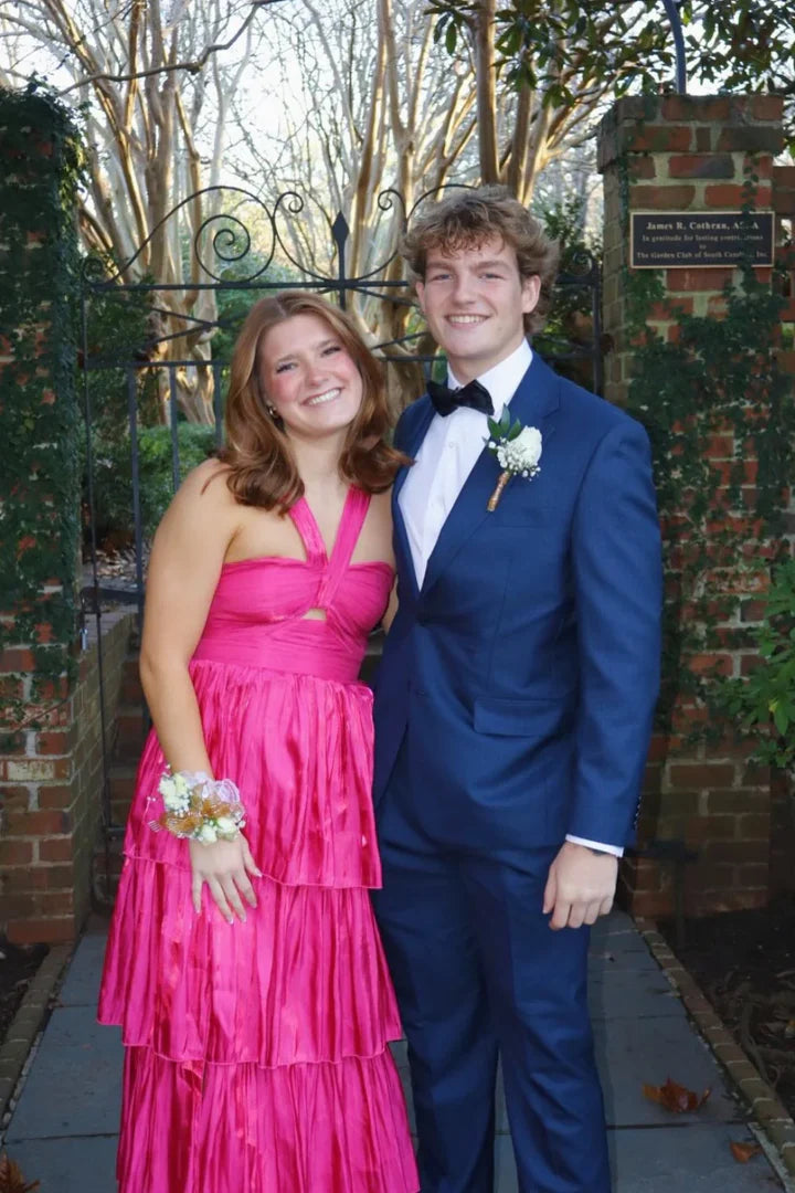 Fuchsia Halter-Neck Cutout Tiered Floor-Length Prom Dress