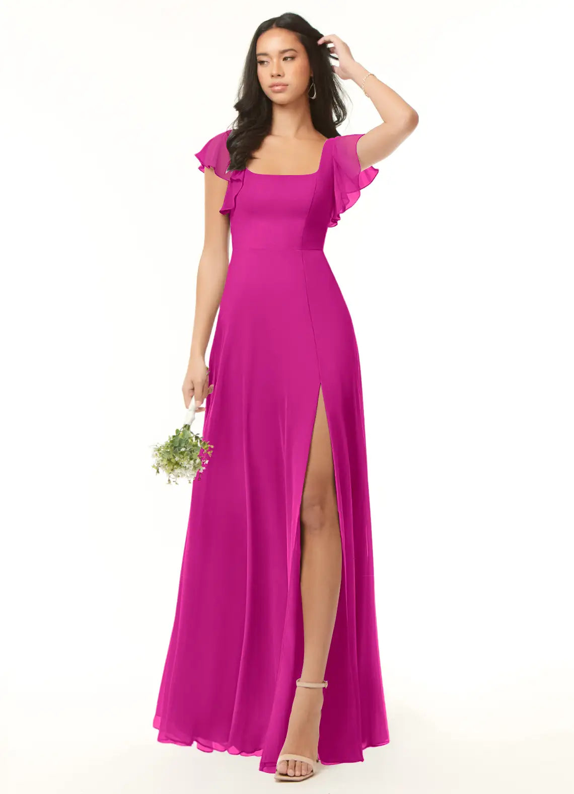 Vibrant fuchsia chiffon bridesmaid dress with square neck, ruffle sleeves, tie-back and high slit