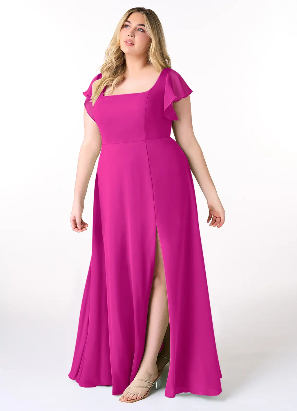 Vibrant fuchsia chiffon bridesmaid dress with square neck, ruffle sleeves, tie-back and high slit