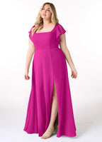 Vibrant fuchsia chiffon bridesmaid dress with square neck, ruffle sleeves, tie-back and high slit