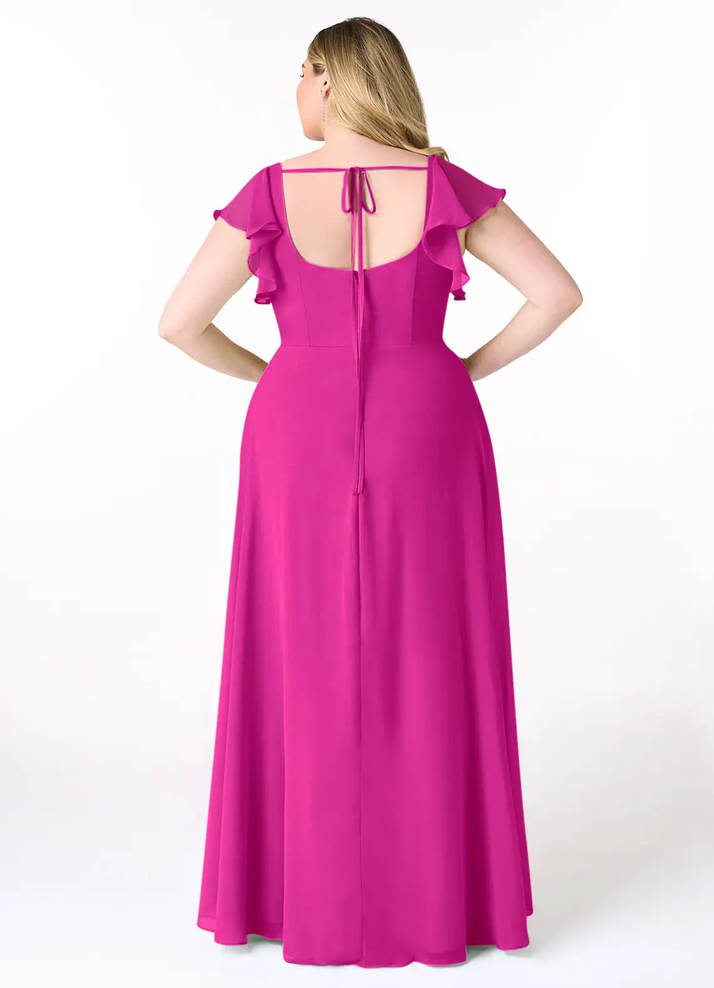 Vibrant fuchsia chiffon bridesmaid dress with square neck, ruffle sleeves, tie-back and high slit