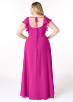 Vibrant fuchsia chiffon bridesmaid dress with square neck, ruffle sleeves, tie-back and high slit