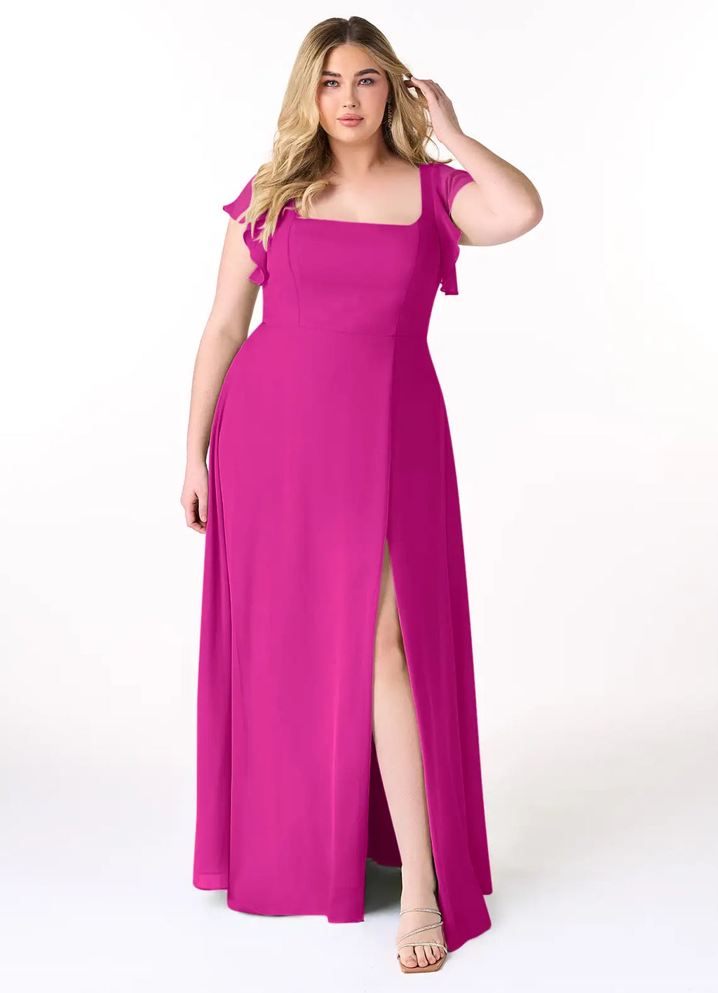 Vibrant fuchsia chiffon bridesmaid dress with square neck, ruffle sleeves, tie-back and high slit