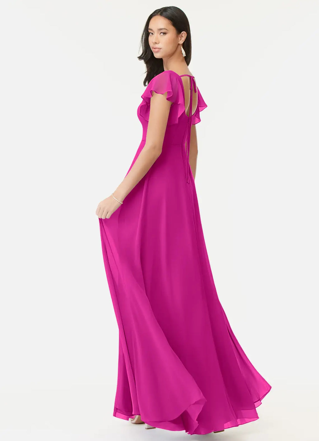Vibrant fuchsia chiffon bridesmaid dress with square neck, ruffle sleeves, tie-back and high slit