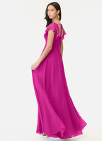 Vibrant fuchsia chiffon bridesmaid dress with square neck, ruffle sleeves, tie-back and high slit