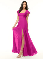 Vibrant fuchsia chiffon bridesmaid dress with square neck, ruffle sleeves, tie-back and high slit