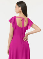 Vibrant fuchsia chiffon bridesmaid dress with square neck, ruffle sleeves, tie-back and high slit
