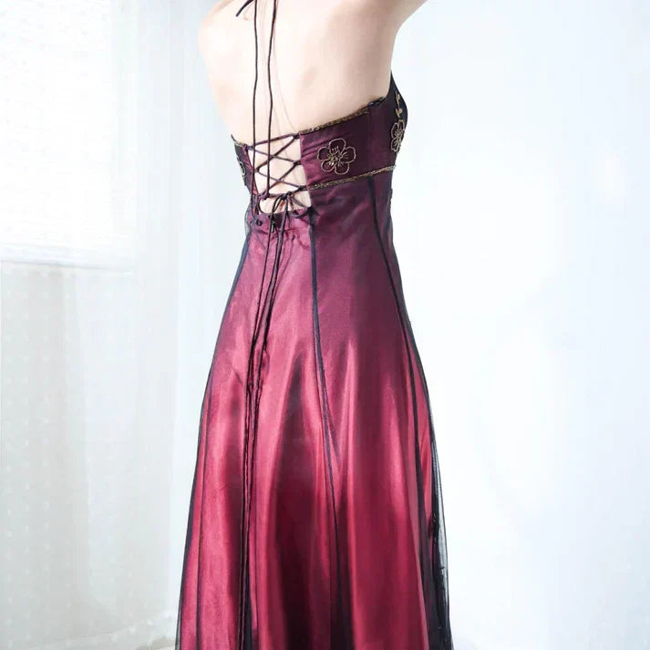 Vintag A-Line Halter Neck Sleeveless Up Floor-Length Prom Dress/No gloves