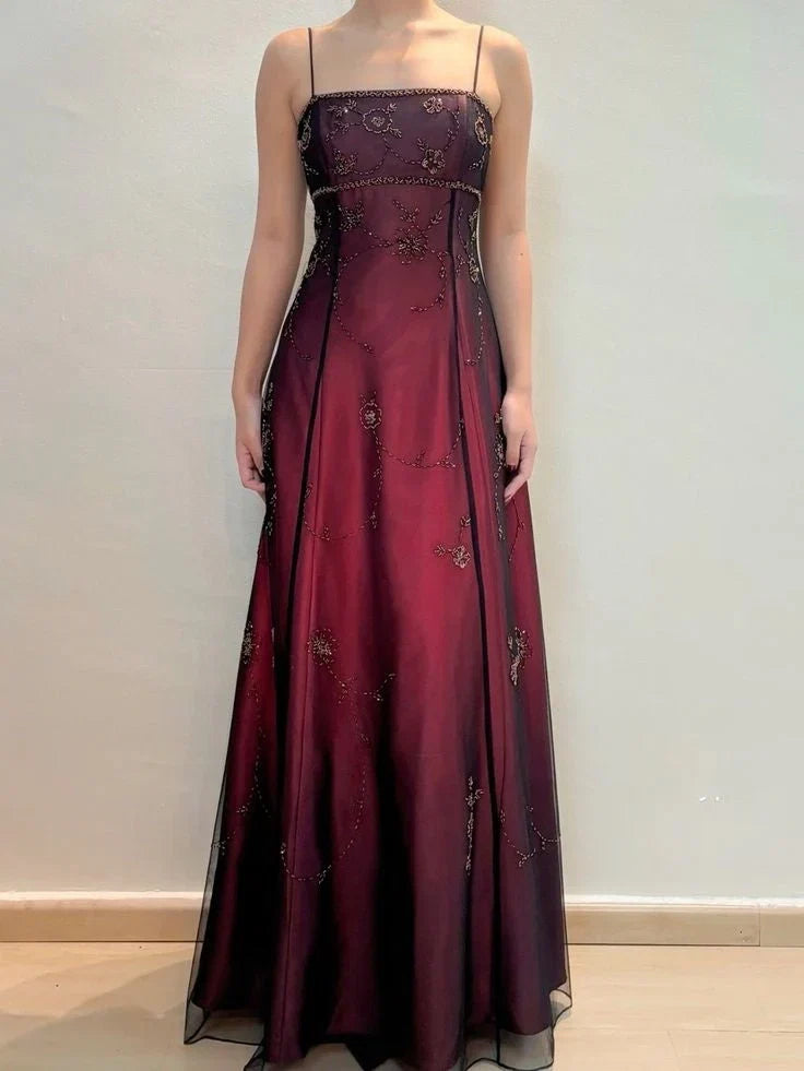 Vintag A-Line Spaghetti Straps Sleeveless Up Floor-Length Prom Dress