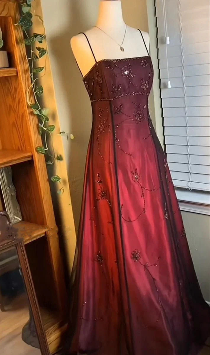 Vintag A-Line Spaghetti Straps Sleeveless Up Floor-Length Prom Dress