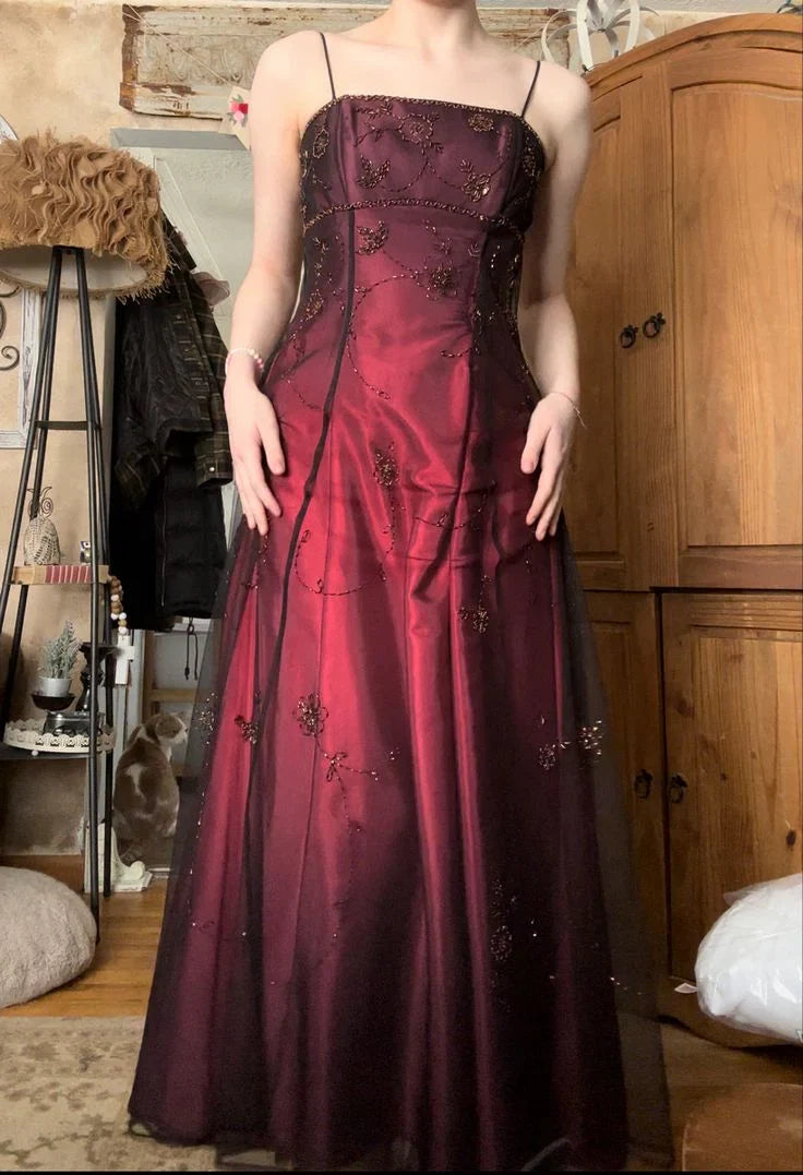 Vintag A-Line Spaghetti Straps Sleeveless Up Floor-Length Prom Dress