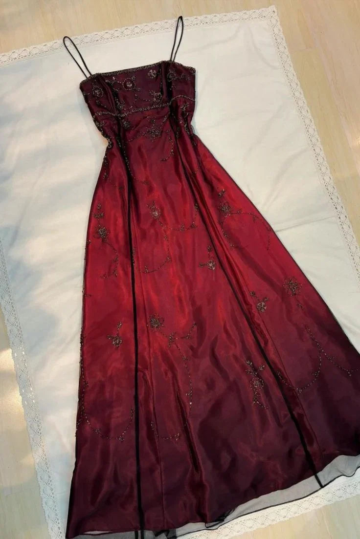 Vintag A-Line Spaghetti Straps Sleeveless Up Floor-Length Prom Dress
