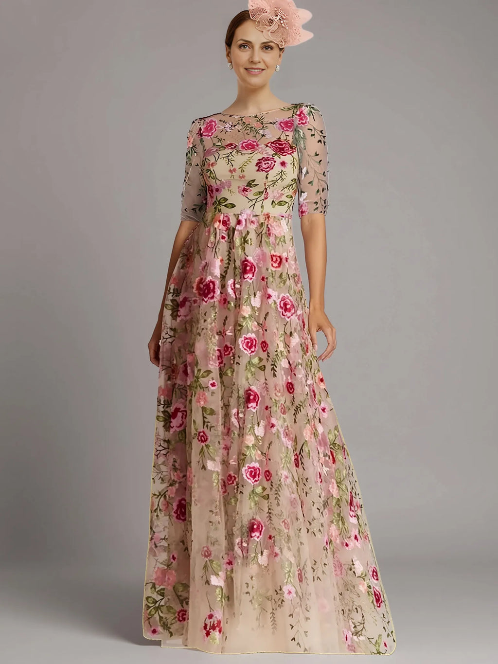 Vintage A-Line Half Sleeve Illusion Neck Appliques Floor-Length Mother of the Bride Dress