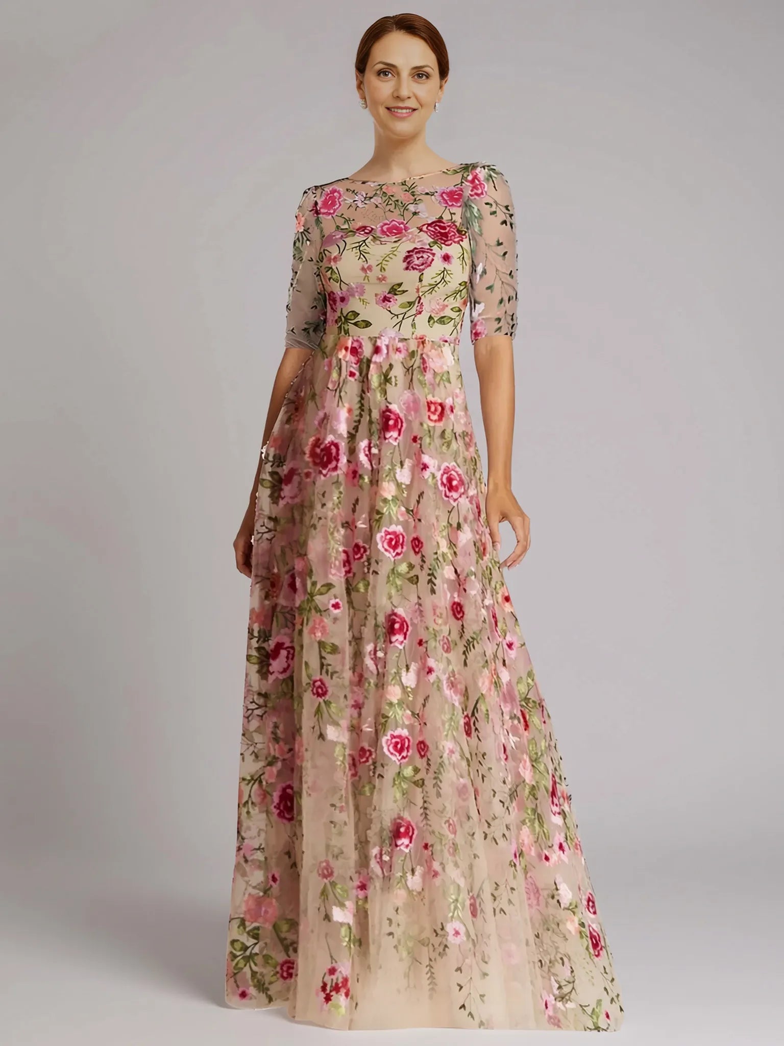 Vintage A-Line Half Sleeve Illusion Neck Appliques Floor-Length Mother of the Bride Dress
