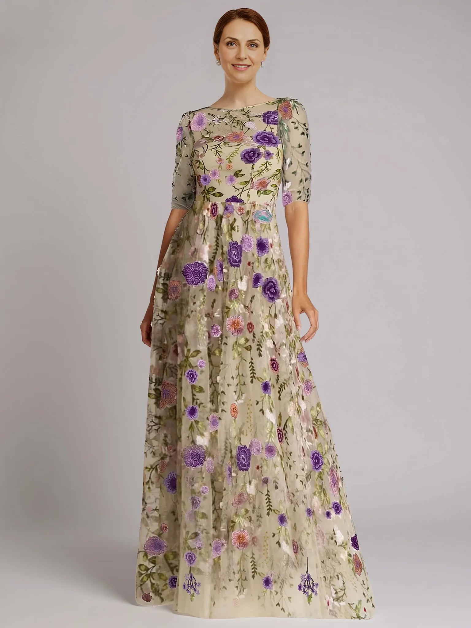 Vintage A-Line Half Sleeve Illusion Neck Appliques Floor-Length Mother of the Bride Dress