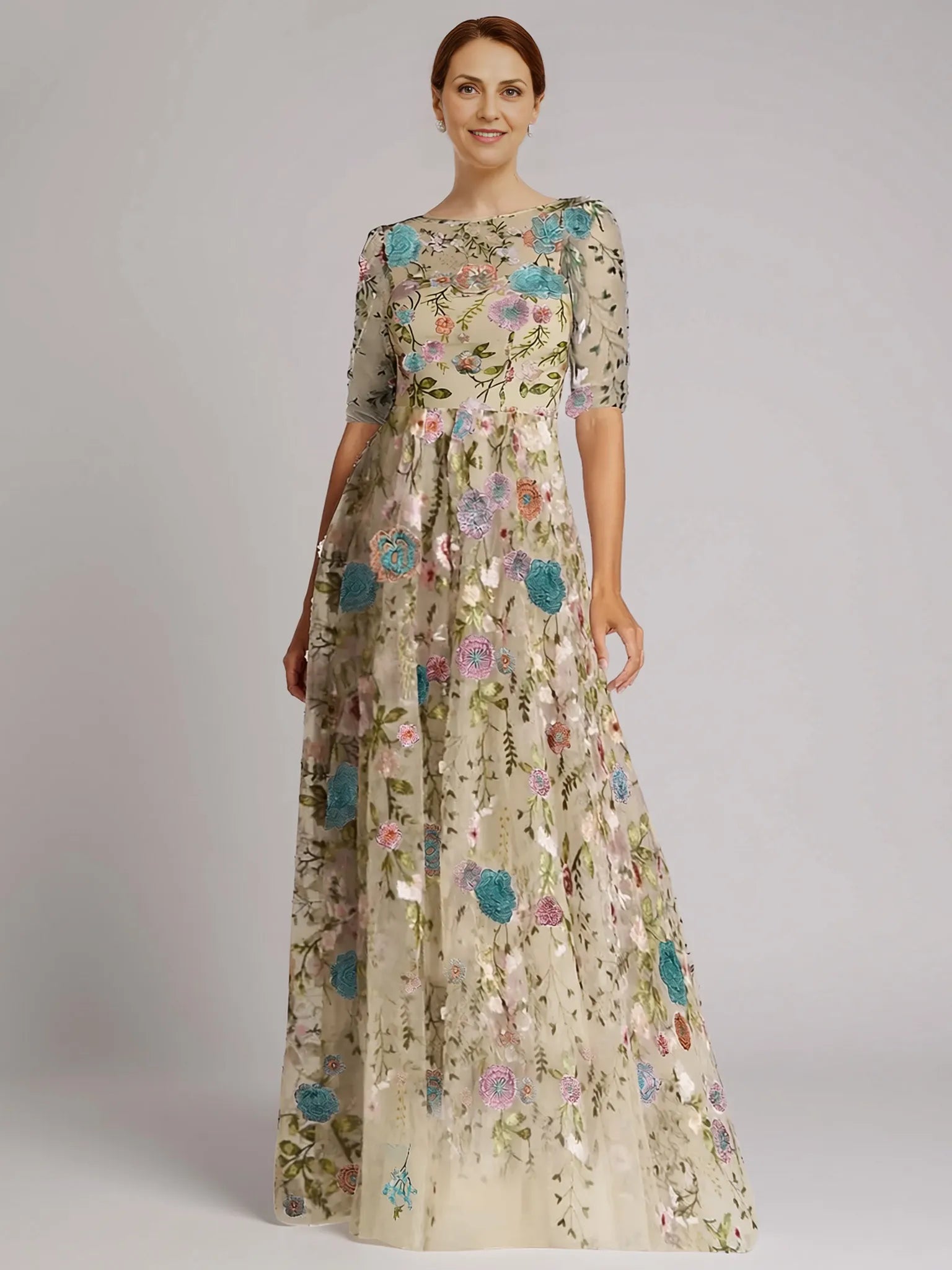 Vintage A-Line Half Sleeve Illusion Neck Appliques Floor-Length Mother of the Bride Dress