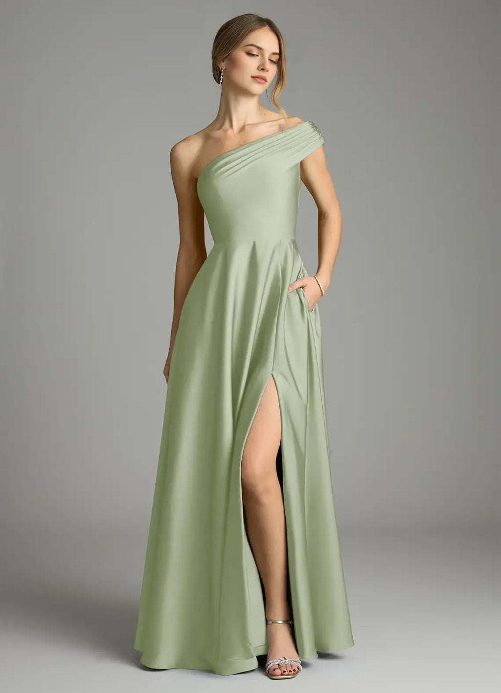 Vintage A-Line Satin One Shoulder Sleeveless Zipper Back Floor Length Bridesmaid Dress