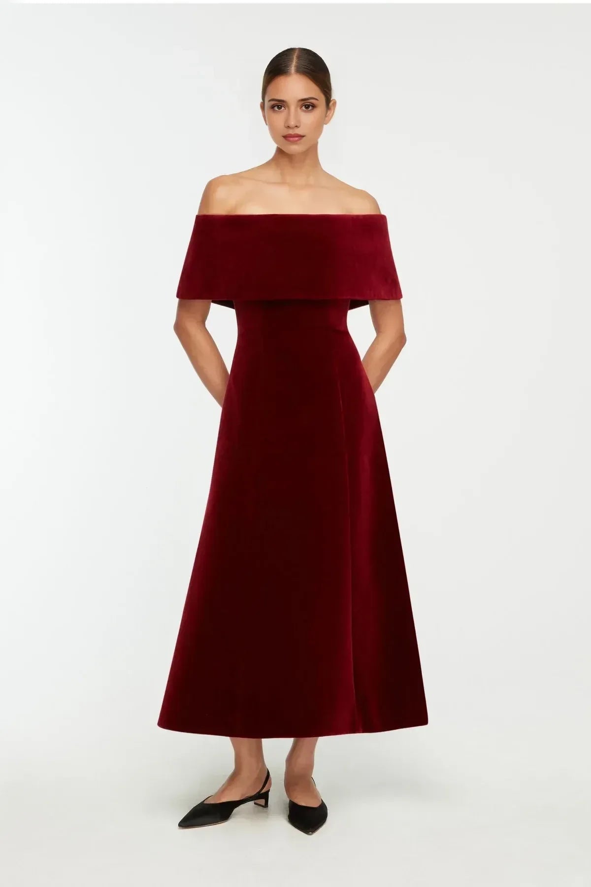 Vintage Inspired A Line Off Shoulder Short Sleeve Back Zip Midi Length Prom Dress