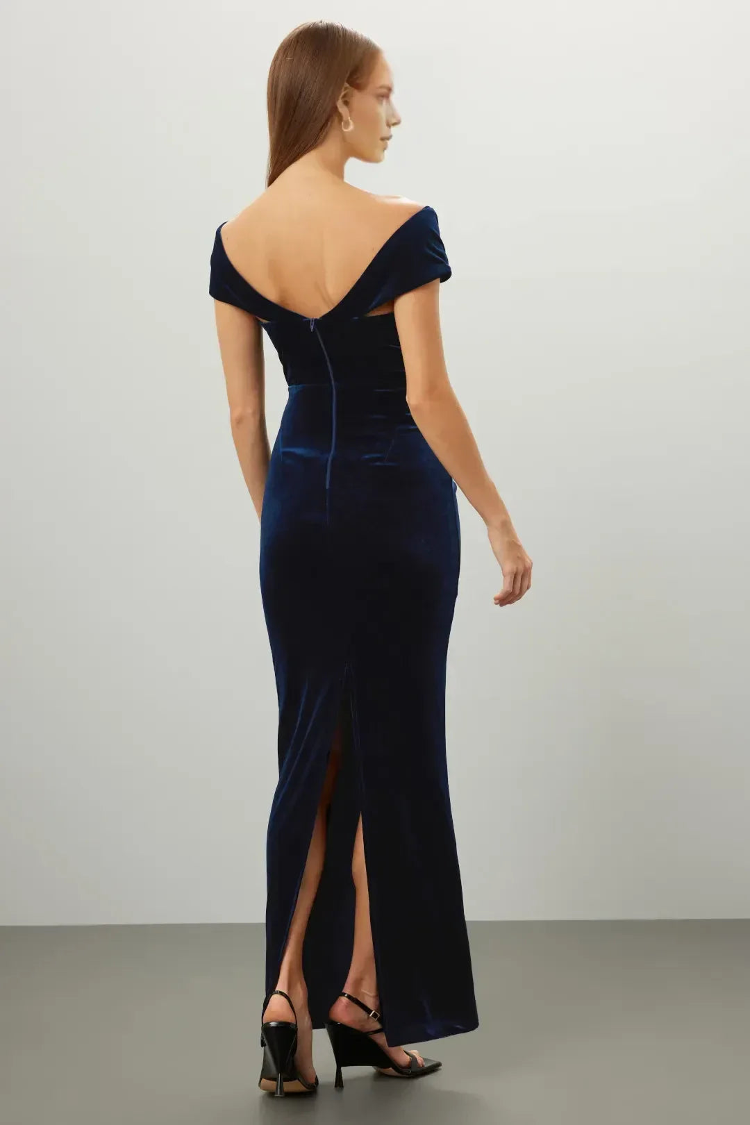 Vintage Inspired Sheath Off Shoulder Cap Sleeve Ruched Back Floor Length Plus Size Prom Dress