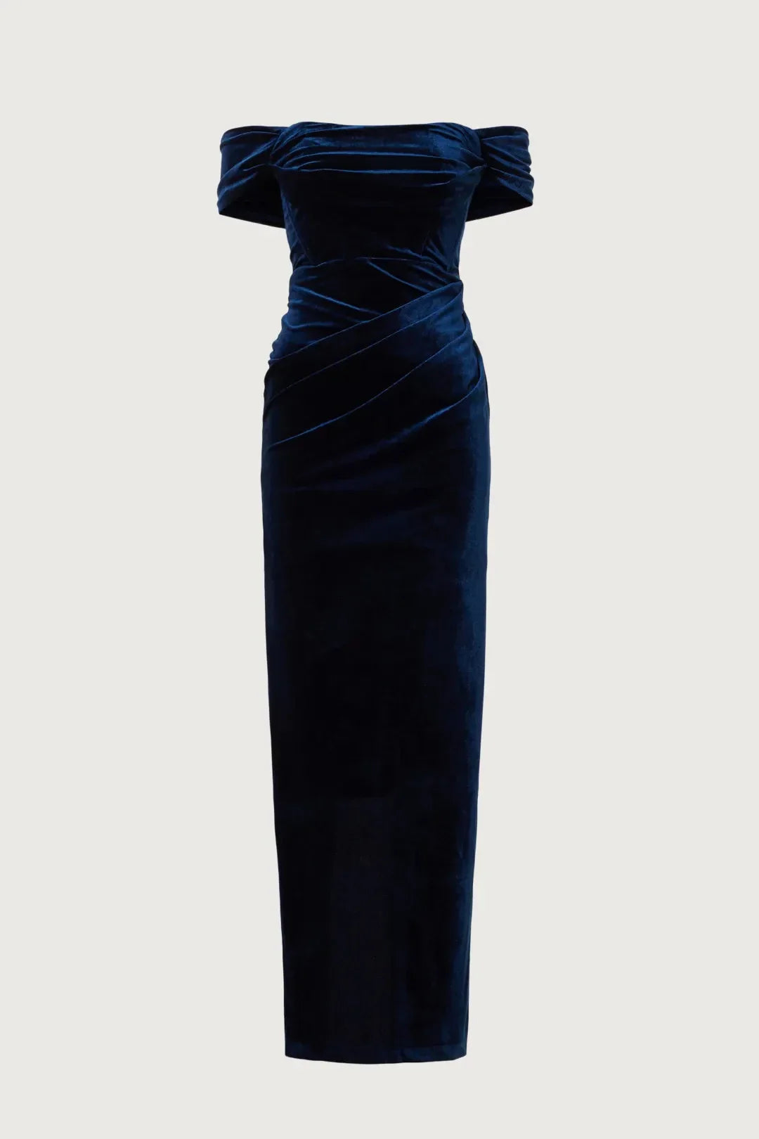 Vintage Inspired Sheath Off Shoulder Cap Sleeve Ruched Back Floor Length Plus Size Prom Dress