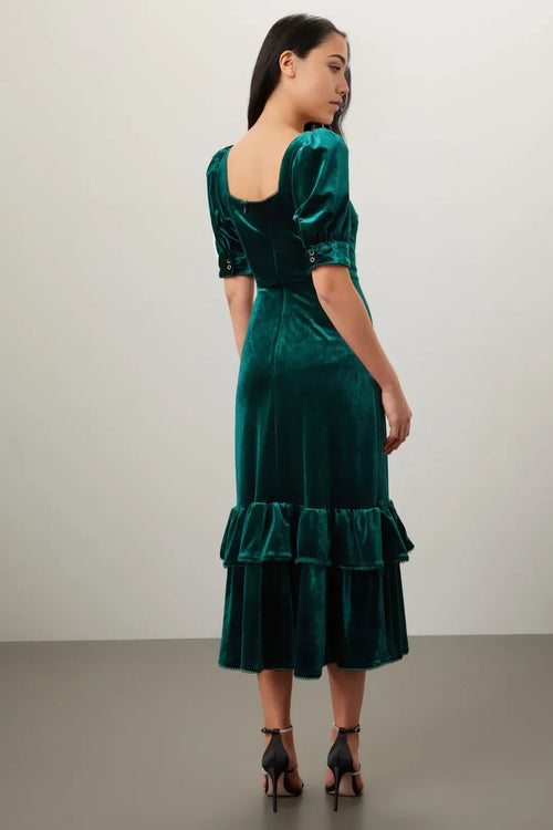 Vintage Inspired Sheath Square Neck Puff Sleeve Ruffled Midi Length Plus Size Prom Dress