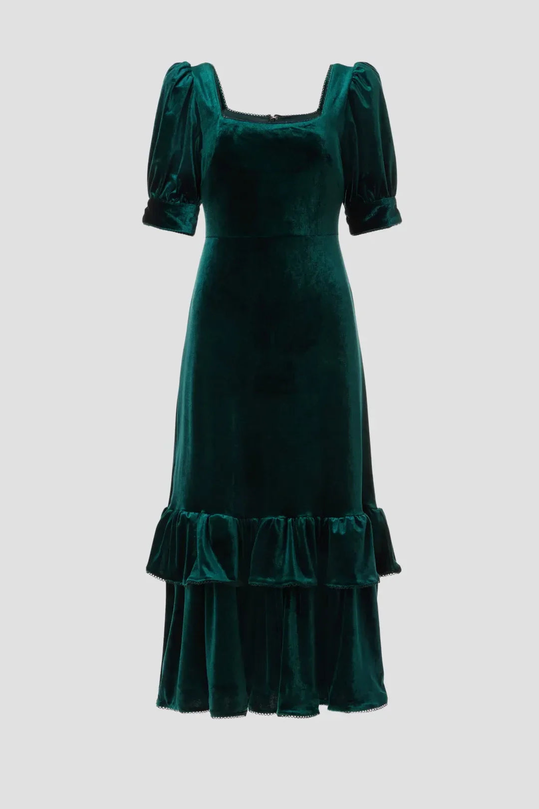 Vintage Inspired Sheath Square Neck Puff Sleeve Ruffled Midi Length Plus Size Prom Dress