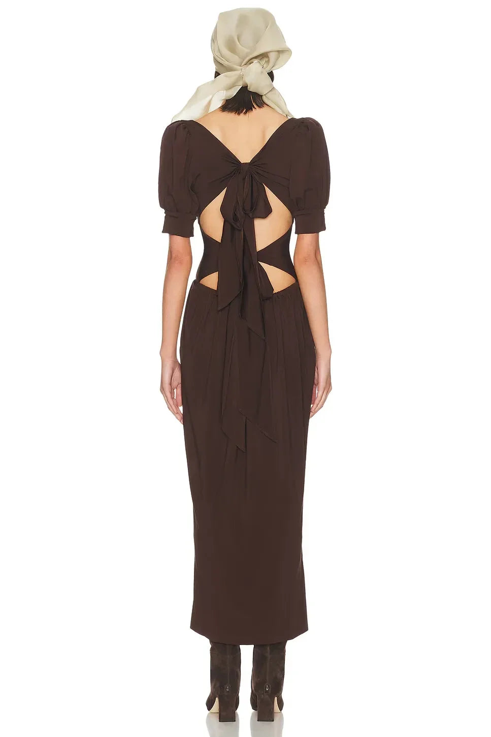 Vintage Sheath Boat Neck Short Sleeve Tie Back Midi Length Evening Dress