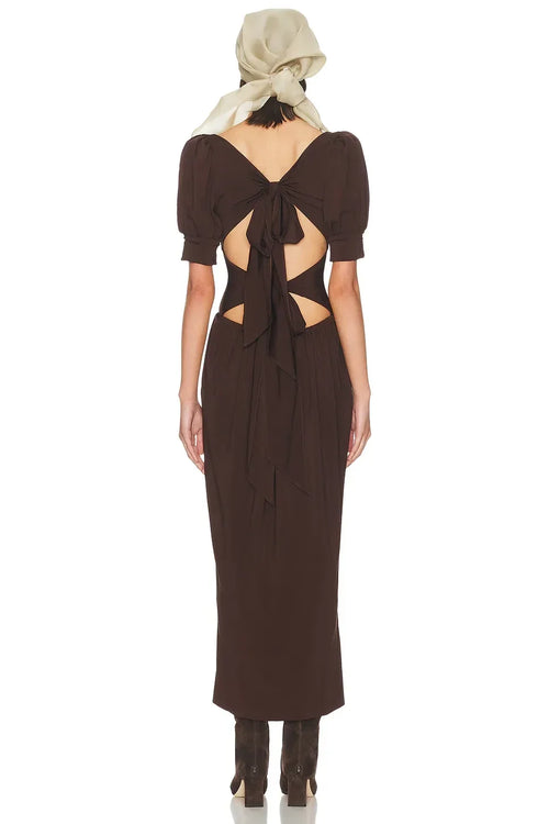 Robe de soirée fourreau vintage à col bateau, manches courtes, dos noué, longueur midi