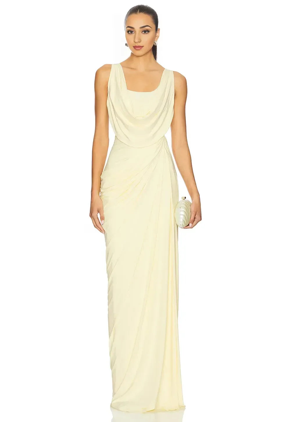 Vintage Sheath Cowl Neck Sleeveless Draped Back Floor Length Evening Dress
