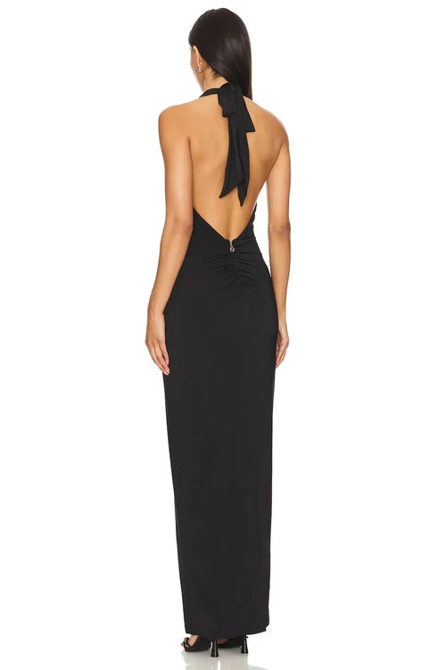 Robe de soirée longue vintage sans manches dos nu à licou et à nouer