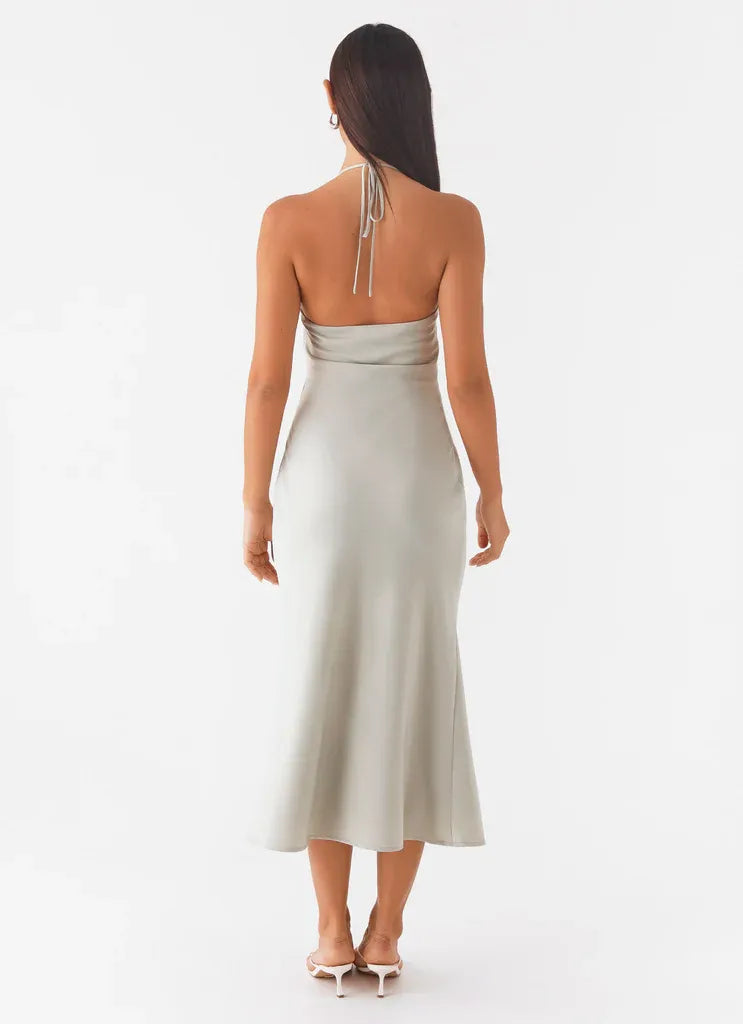 Vintage Sheath Halter Neck Sleeveless Tie Back Midi Length Plus Size Evening Dress
