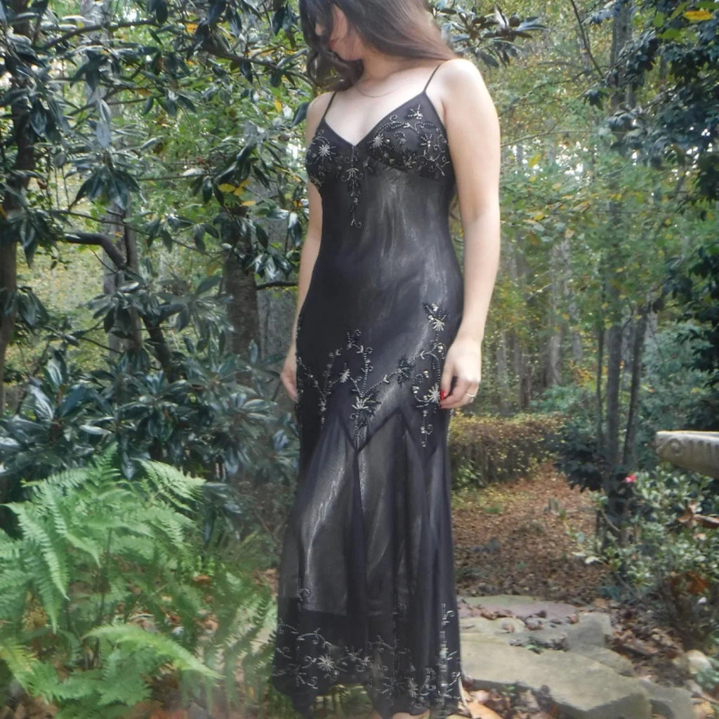 Vintage Spaghetti Strap Beaded Midi Dress with Handkerchief Hem