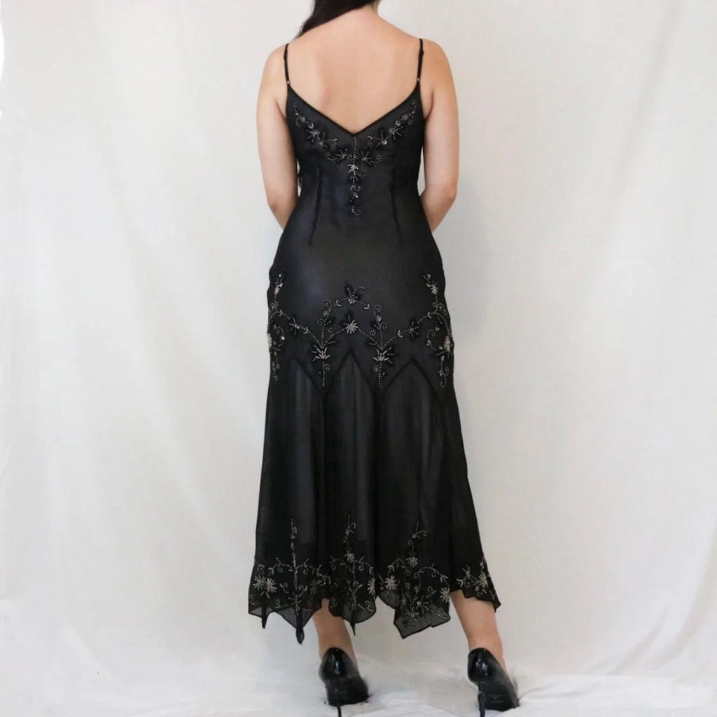 Vintage Spaghetti Strap Beaded Midi Dress with Handkerchief Hem