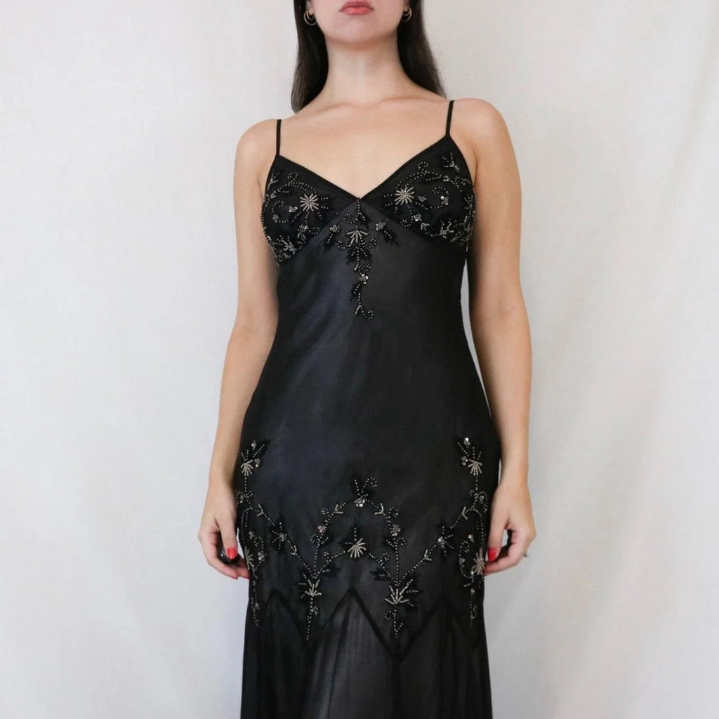 Vintage Spaghetti Strap Beaded Midi Dress with Handkerchief Hem