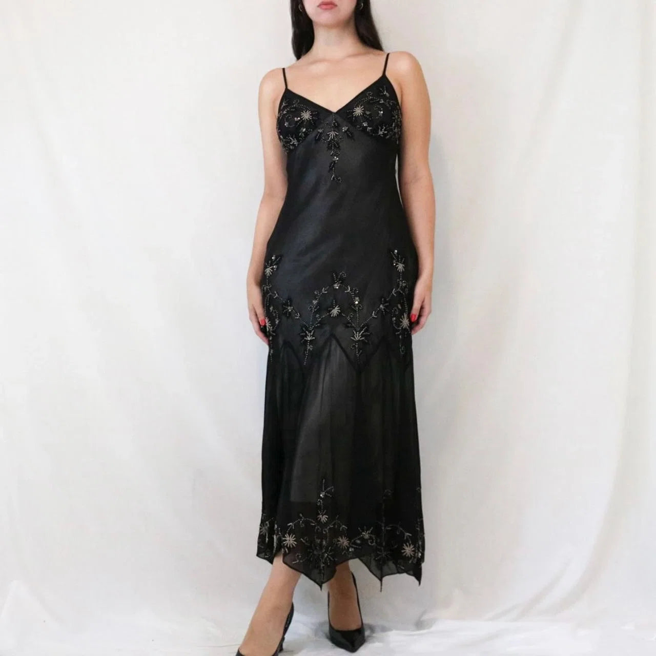 Vintage Spaghetti Strap Beaded Midi Dress with Handkerchief Hem
